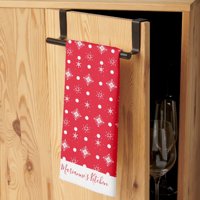Linge De Cuisine Flocons Mignons  Motif Blanc Nom du Script   Rouge (Pliage en tiers)
