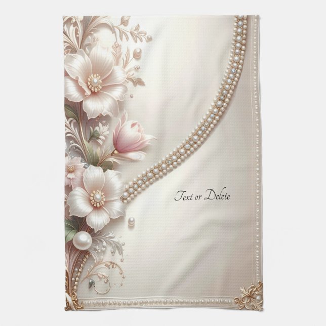 Linge De Cuisine Floral and Pearl Embellishments Kitchen Towel (Vertical)