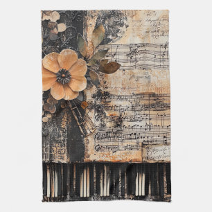 Linge De Cuisine Floral avec touches de piano rustique et feuille d
