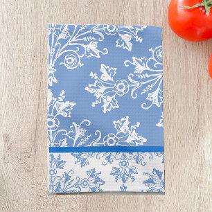 Linge De Cuisine Floral Damas Blanc Cornflower Bleu avec bordure