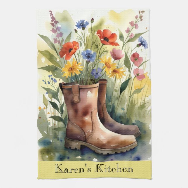 Linge De Cuisine Floral Garden Boots and Wildflowers Kitchen Towel (Vertical)