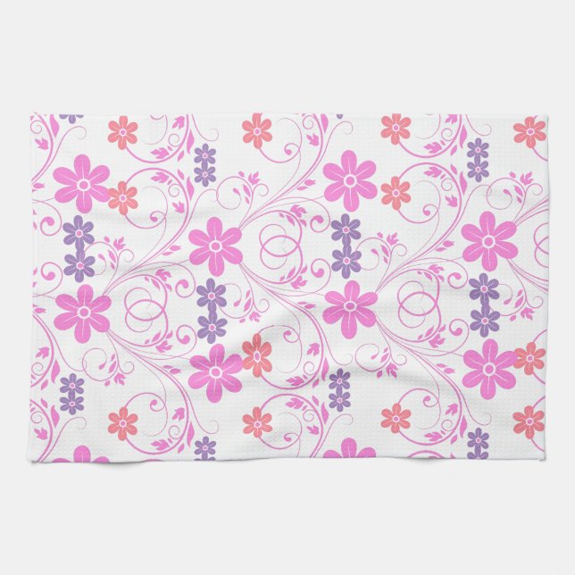 Linge De Cuisine Floral moderne violet rose (Horizontal)