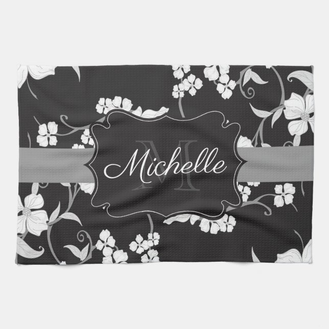Linge De Cuisine Floral noir et blanc (Horizontal)