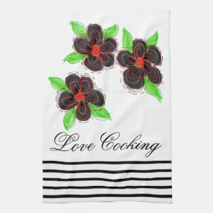 Linge De Cuisine Floral Noir Et Rouge Avec Grandes Tailles Noires