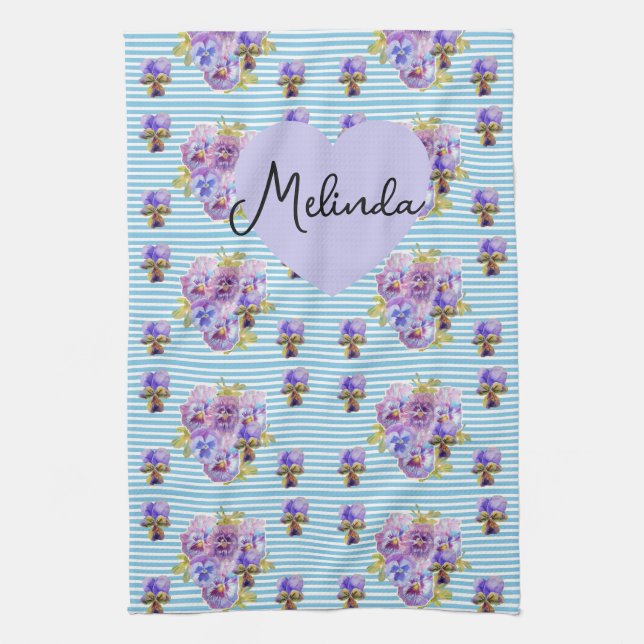 Linge De Cuisine Floral Purple Viola Blue Lilac Pansy Womans Name (Vertical)