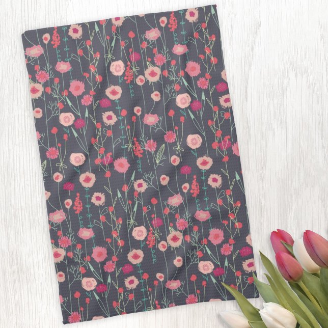 Linge De Cuisine Floral rose noir Motif (Boho floral pink and charcoal gray kitchen towel)