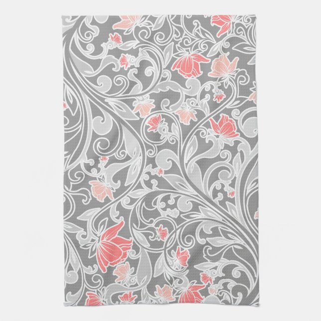 Linge De Cuisine Floral Tourbillonnant rose et gris tendance (Vertical)