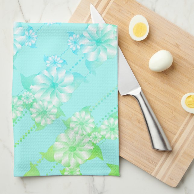 Linge De Cuisine Floral turquoise et verte (Quart Plié)