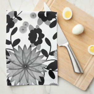 Linge De Cuisine Florales numériques Abstraites en noir et gris sur
