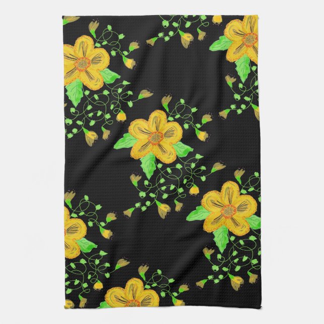 Linge De Cuisine Flore Artistique Jaune Avec Noir (Vertical)