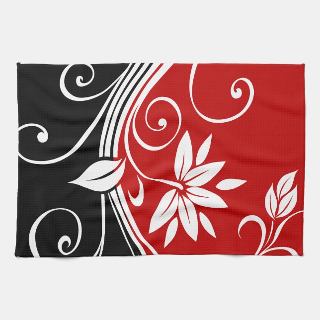 Linge De Cuisine Flore rouge blanc et noire (Horizontal)