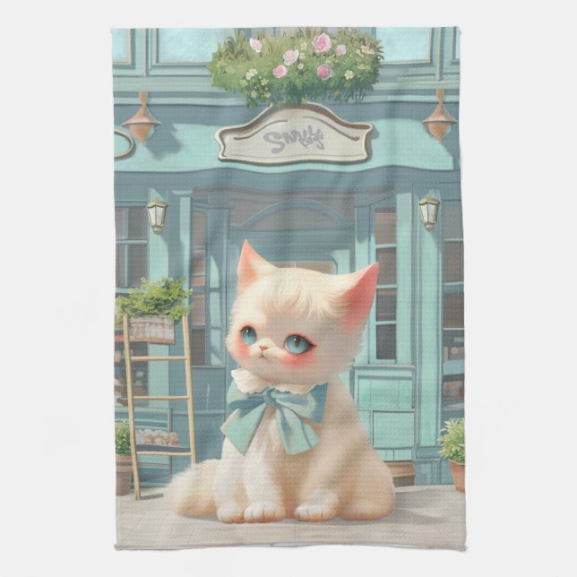Linge De Cuisine Fluffy Kitten avec Blue Bow à la pâtisserie (Vertical)