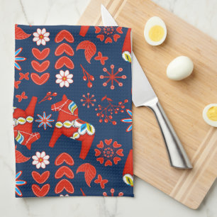 Linge De Cuisine Folk Art Rouge suédois Dala Horse Floral sur bleu