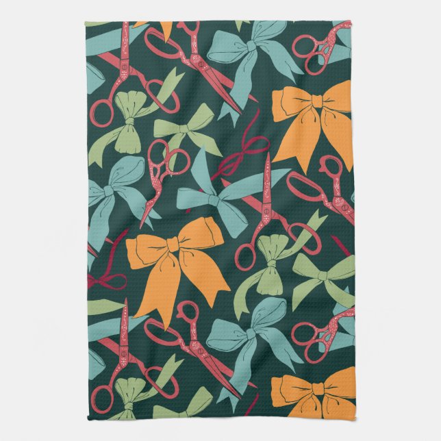 Linge De Cuisine Folk Art Vacances Vaches et ciseaux Or de Noël (Vertical)