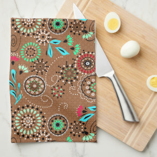 Linge De Cuisine Folk ethnique abstrait motif floral brun rétro