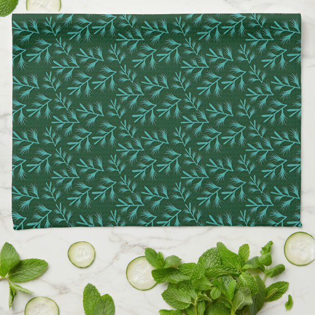 Linge De Cuisine Fond vert foncé avec feuilles botaniques sarcelle (Plié)