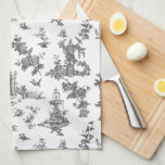 Linge De Cuisine Fontaines et arbres fantastiques vintages Toile-B<br><div class="desc">Adaptation harmonieuse historique d'un motif textile John Munn anglais gravé toile de jouy vers 1770 avec un monument classique à Shakespeare,  fontaines,  oiseaux et fleurs exotiques. Noir sur arrière - plan blanc.</div>