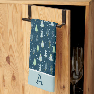Linge De Cuisine Forêt de Noël moderne Monogramme Bleu Vert