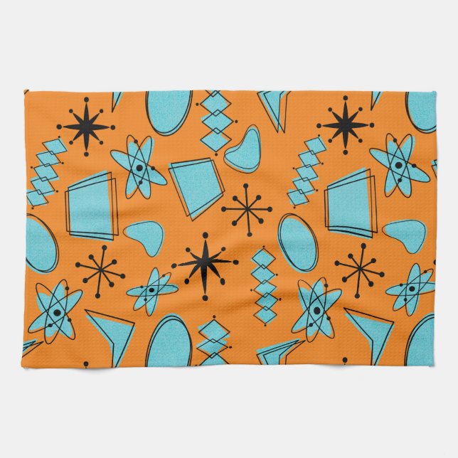 Linge De Cuisine Formes atomiques MCM Turquoise sur orange (Horizontal)
