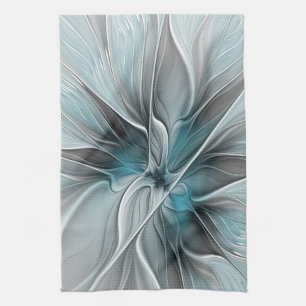 Linge De Cuisine Fractal Floral Moderne Abstrait Fleur Bleu Gris