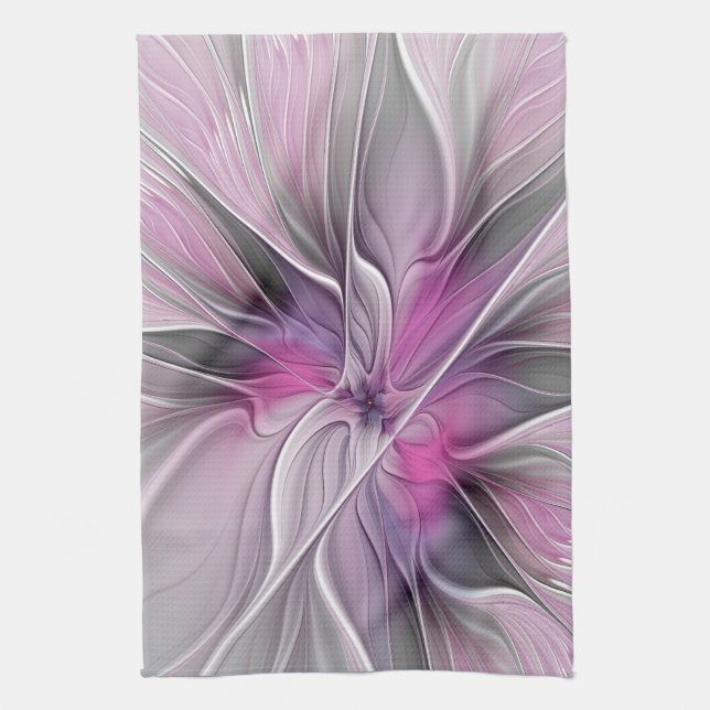 Linge De Cuisine Fractal Floral Moderne Abstrait Fleur Rose Gris (Vertical)