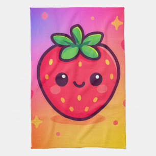 Linge De Cuisine Fraise Kawaii souriante sur Pastel Gradient Backg