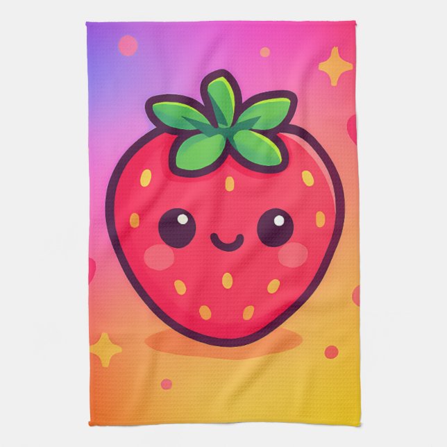 Linge De Cuisine Fraise Kawaii souriante sur Pastel Gradient Backg (Vertical)