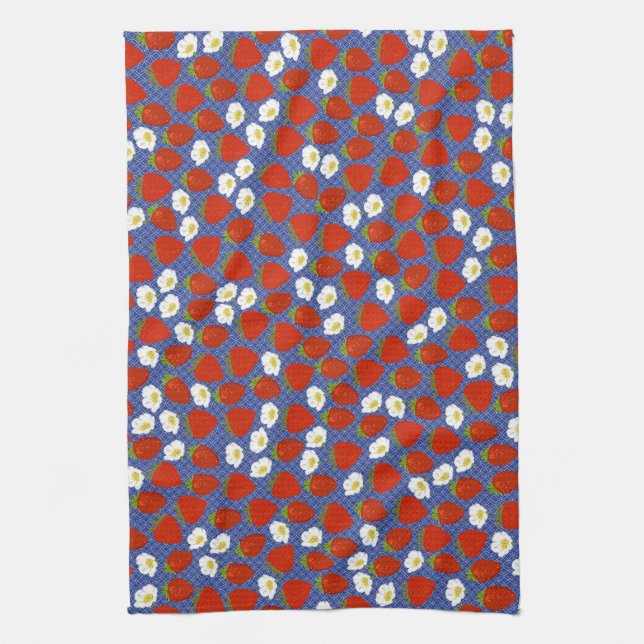 Linge De Cuisine Fraise rouge avec fond marine tissé panier blanc (Vertical)