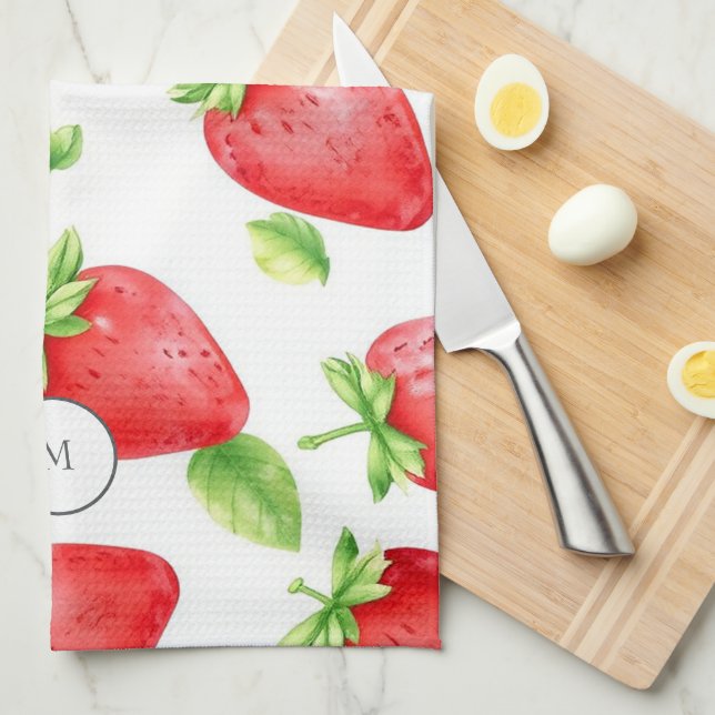 Linge De Cuisine Fraises d'aquarelle moderne été monogrammé (Quart Plié)