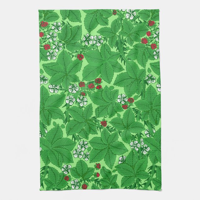 Linge De Cuisine Fraises et Feuilles Art Nouveau, Lime Green (Vertical)