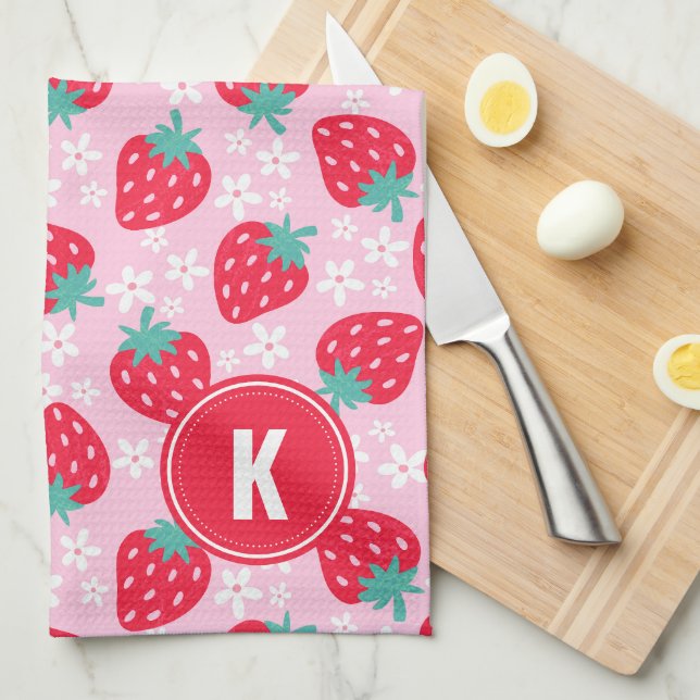 Linge De Cuisine Fraises Fleurs Rouge Rose Monogramme (Quart Plié)
