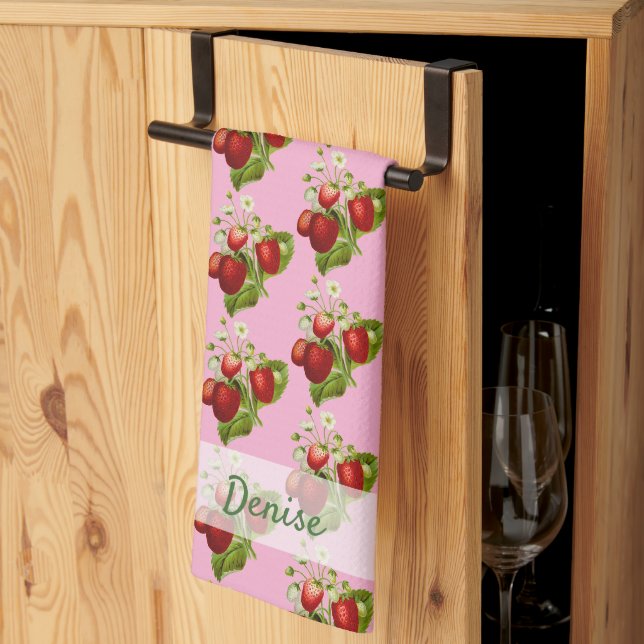 Linge De Cuisine Fraises Rose Pays  (Pliage en tiers)