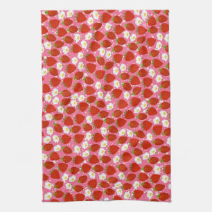 Linge De Cuisine Fraises rouges avec fond à pois blancs roses