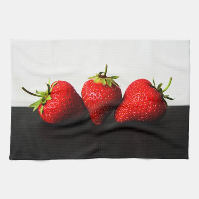 Linge De Cuisine Fraises Sur Blanc Sur Noir Ktcnm (Horizontal)