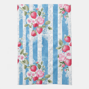 Linge De Cuisine Fraises vintages et fleurs sur bandes bleues