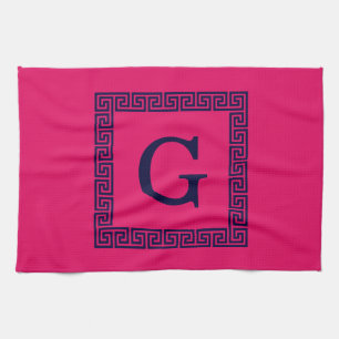 Linge De Cuisine Framboise, Clé grecque bleue marine #1 Monogramme 