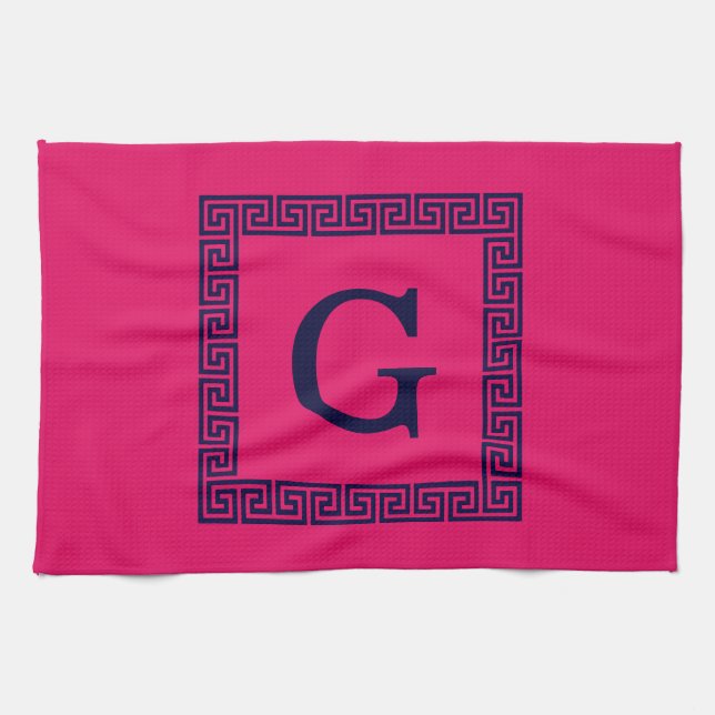 Linge De Cuisine Framboise, Clé grecque bleue marine #1 Monogramme  (Horizontal)