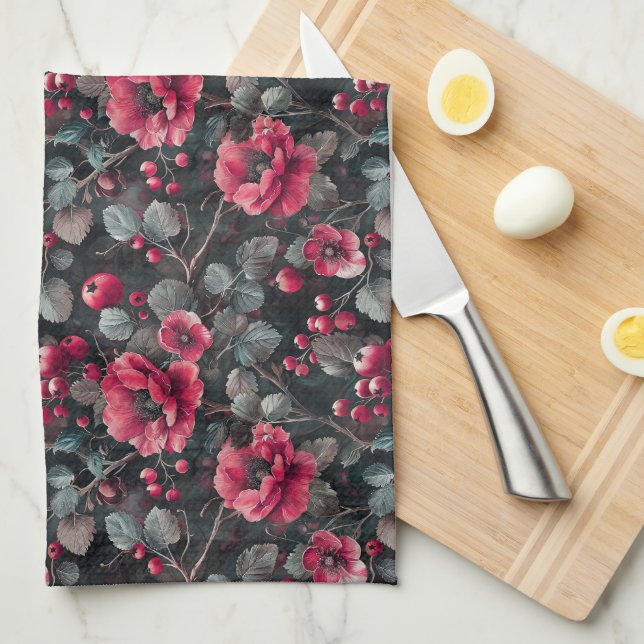 Linge De Cuisine Framboise, fleurs bordeaux sur gris foncé (Quart Plié)