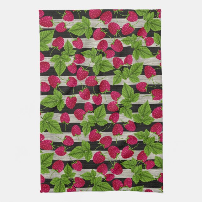 Linge De Cuisine Framboise Rayures Noir & Blanc Moderne (Vertical)