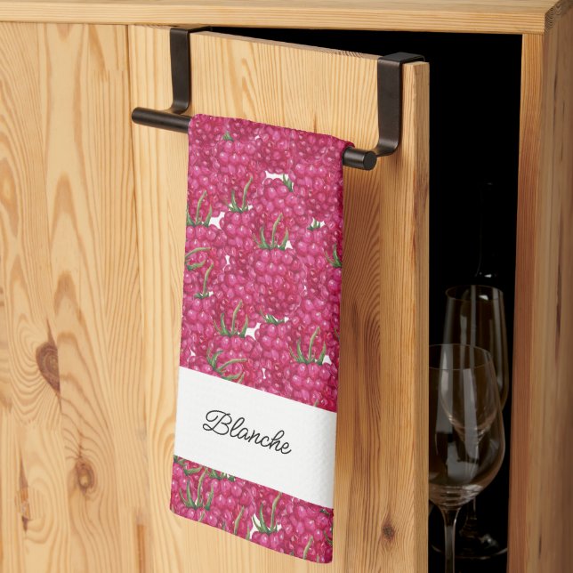 Linge De Cuisine Framboises Aquarelle peinte à la main Monogrammé (Pliage en tiers)