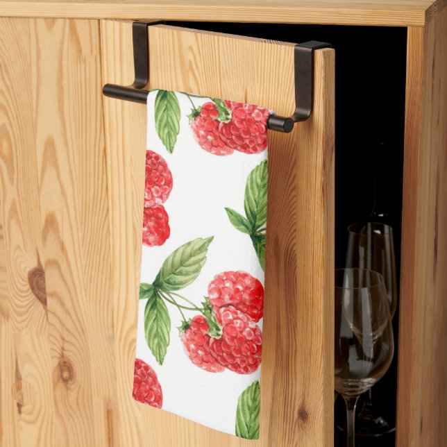 Linge De Cuisine Framboises Rouges Avec Motif De Feuilles (Pliage en tiers)