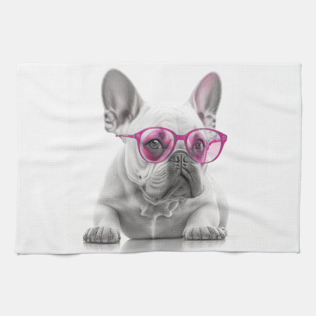 Linge De Cuisine French Bulldog avec verres roses teatowling (Horizontal)
