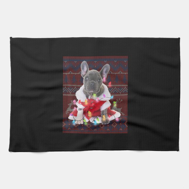 Linge De Cuisine French bulldog Christmas Lights Ugly Sweater Dog (Horizontal)