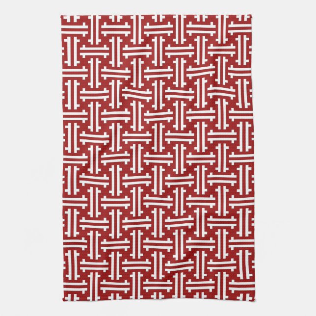Linge De Cuisine Fret chinois Art déco, rouge foncé et blanc (Vertical)