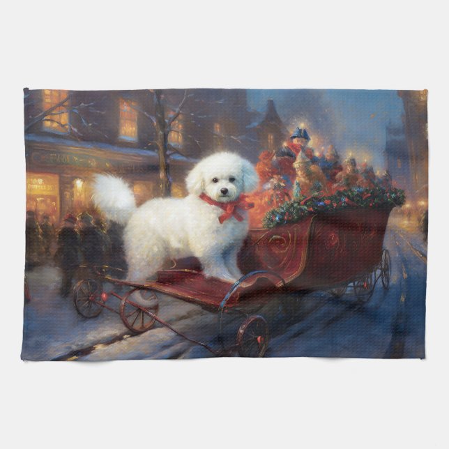 Linge De Cuisine Frise de Bichon Frise Festin de Noël (Horizontal)