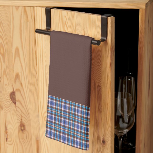 Linge De Cuisine Frontières à carreaux bleus sur fond marron (Pliage en tiers)