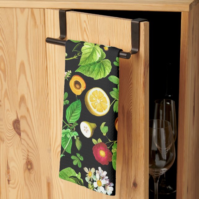 Linge De Cuisine Fruits And Leaves Pattern On Black (Pliage en tiers)