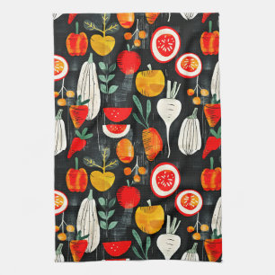 Linge De Cuisine Fruits et légumes rétro modernes sur le Motif noir