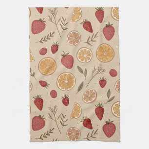 Linge De Cuisine Fruits rouges rustiques et agrumes sur fond beige