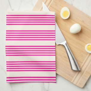 Linge De Cuisine Fuchsia et beige cinq rayures motif